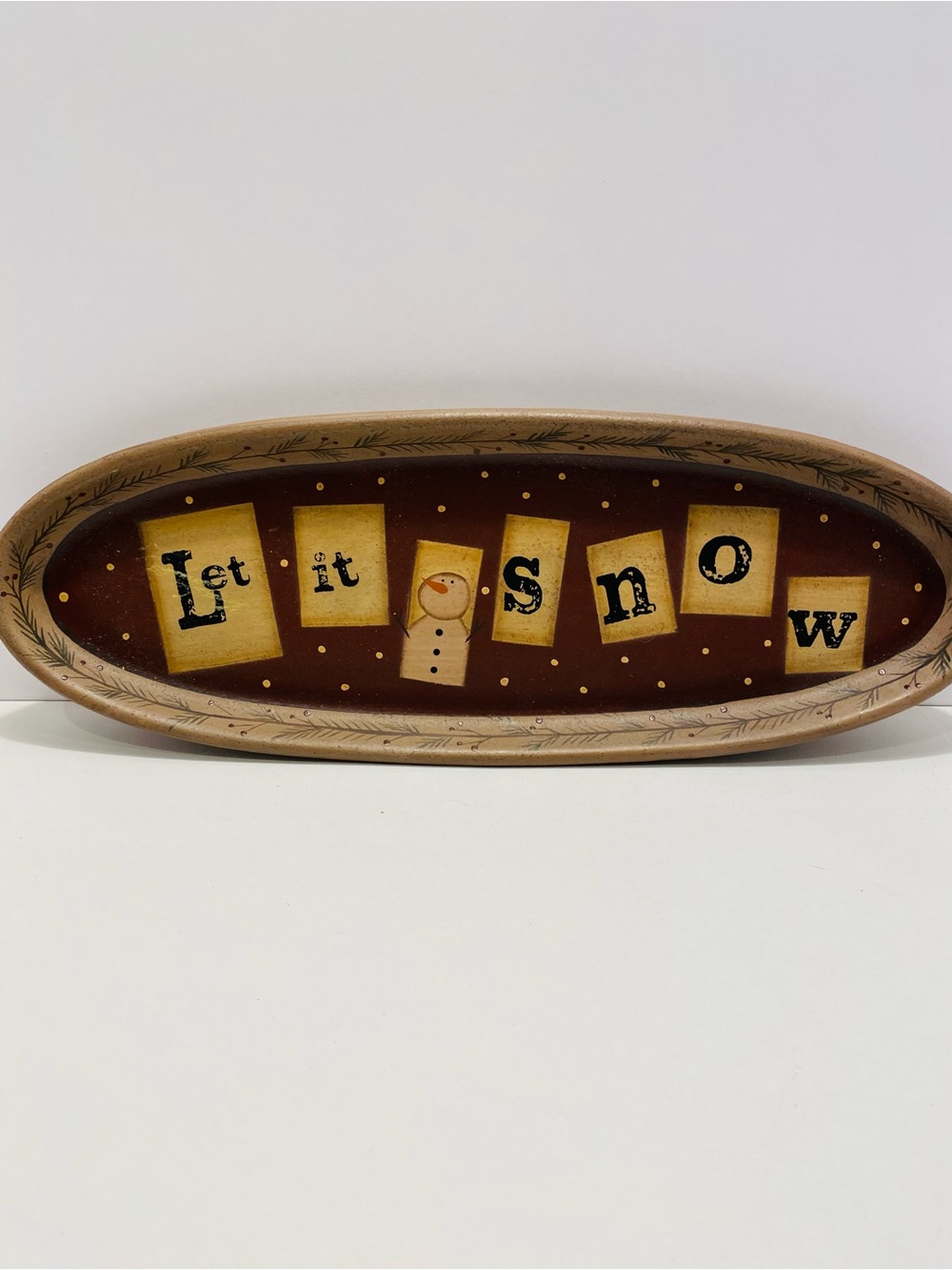 Let It Snow Oval Decorative Tray - Brown and Tan VINTAGE. NOT for food use